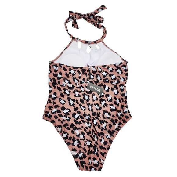 Leopard Print Halter Neck One-Piece Swimsuit Ruched Design Women  Aimage Size XL - Picture 2 of 6